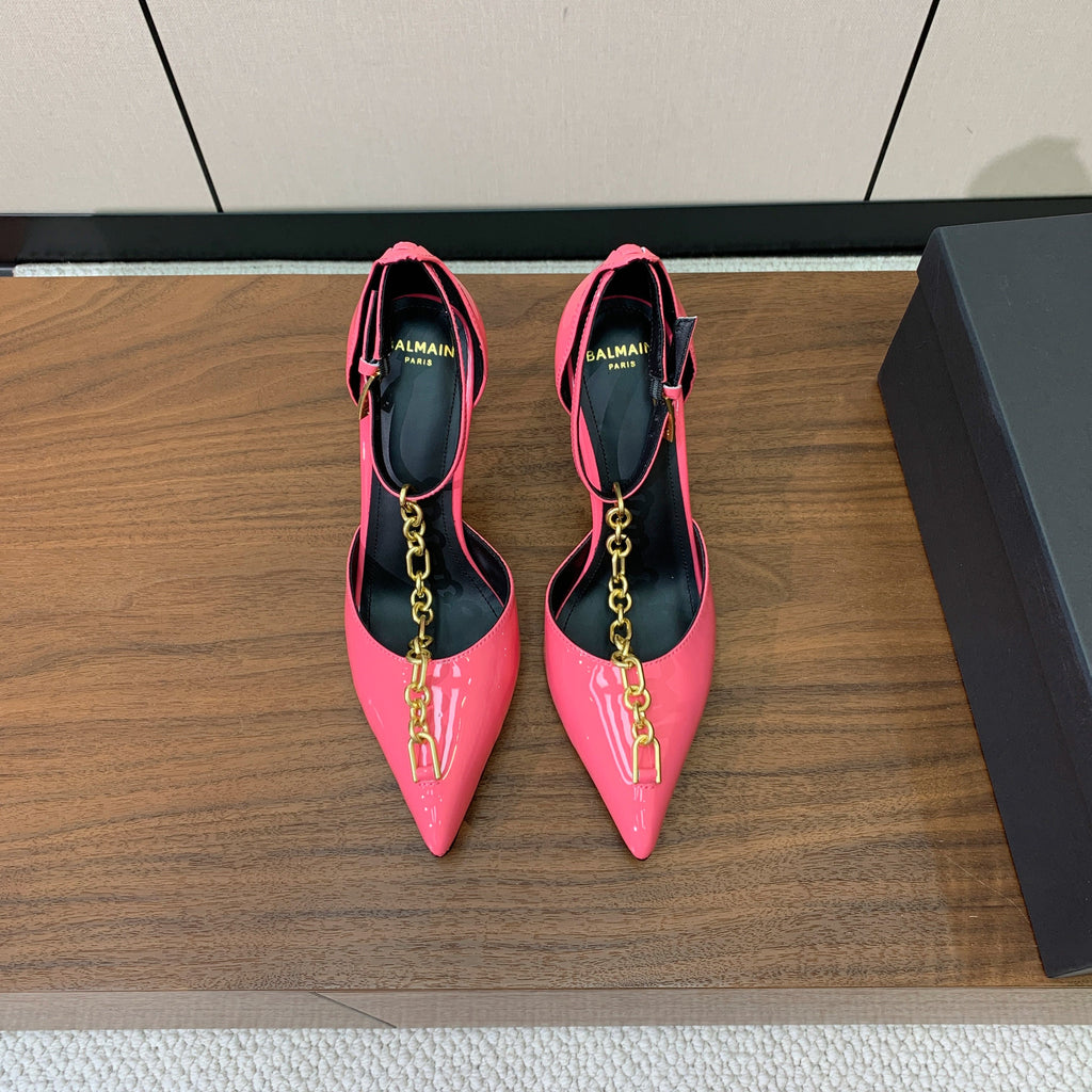 BALMAIN 26S CHAIN HIGH HEELS 95 MM IN PINK PATENT CALFSKIN