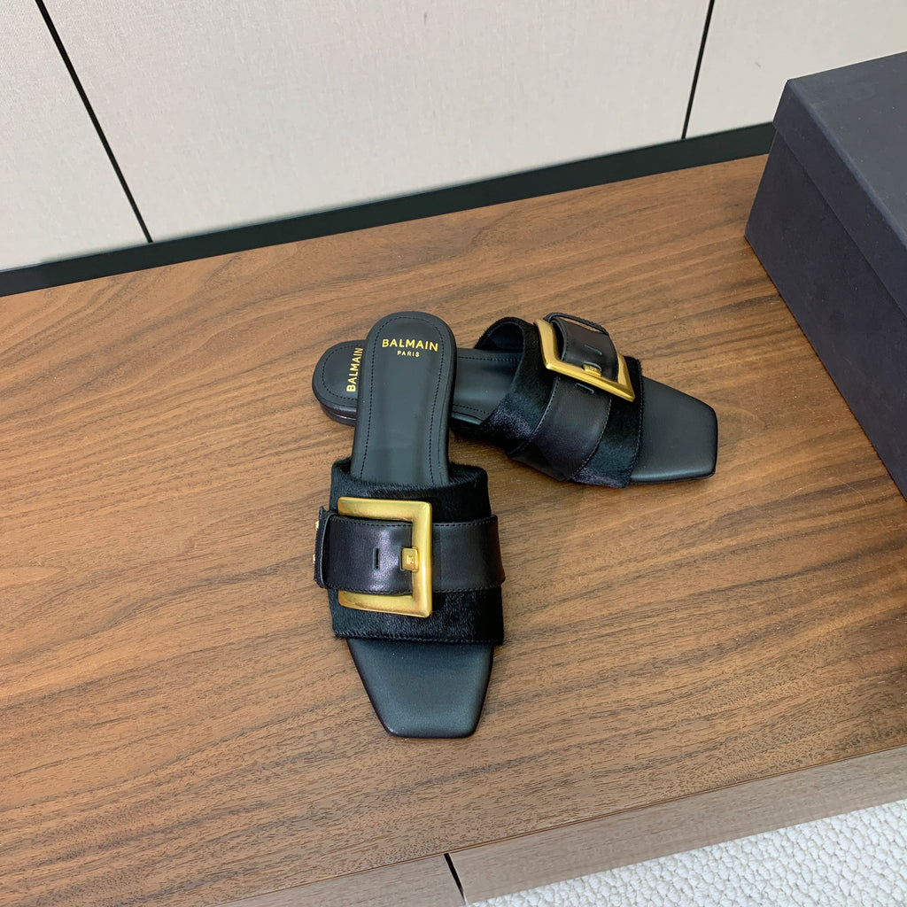 BALMAIN 26S B-BELT FLAT SANDALS IN BLACK CALFSKIN AND PONY HAIR