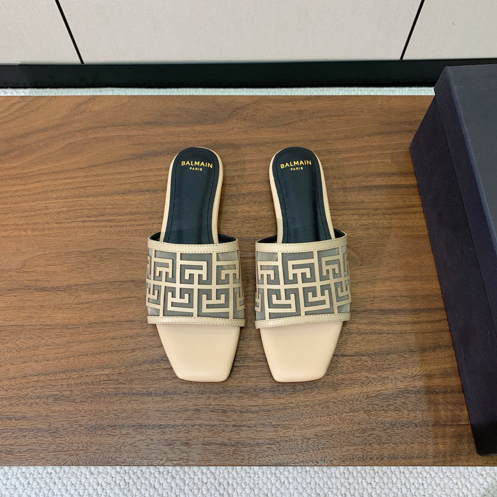 BALMAIN 26S FLAT SANDALS IN BEIGE CALFSKIN AND MESH