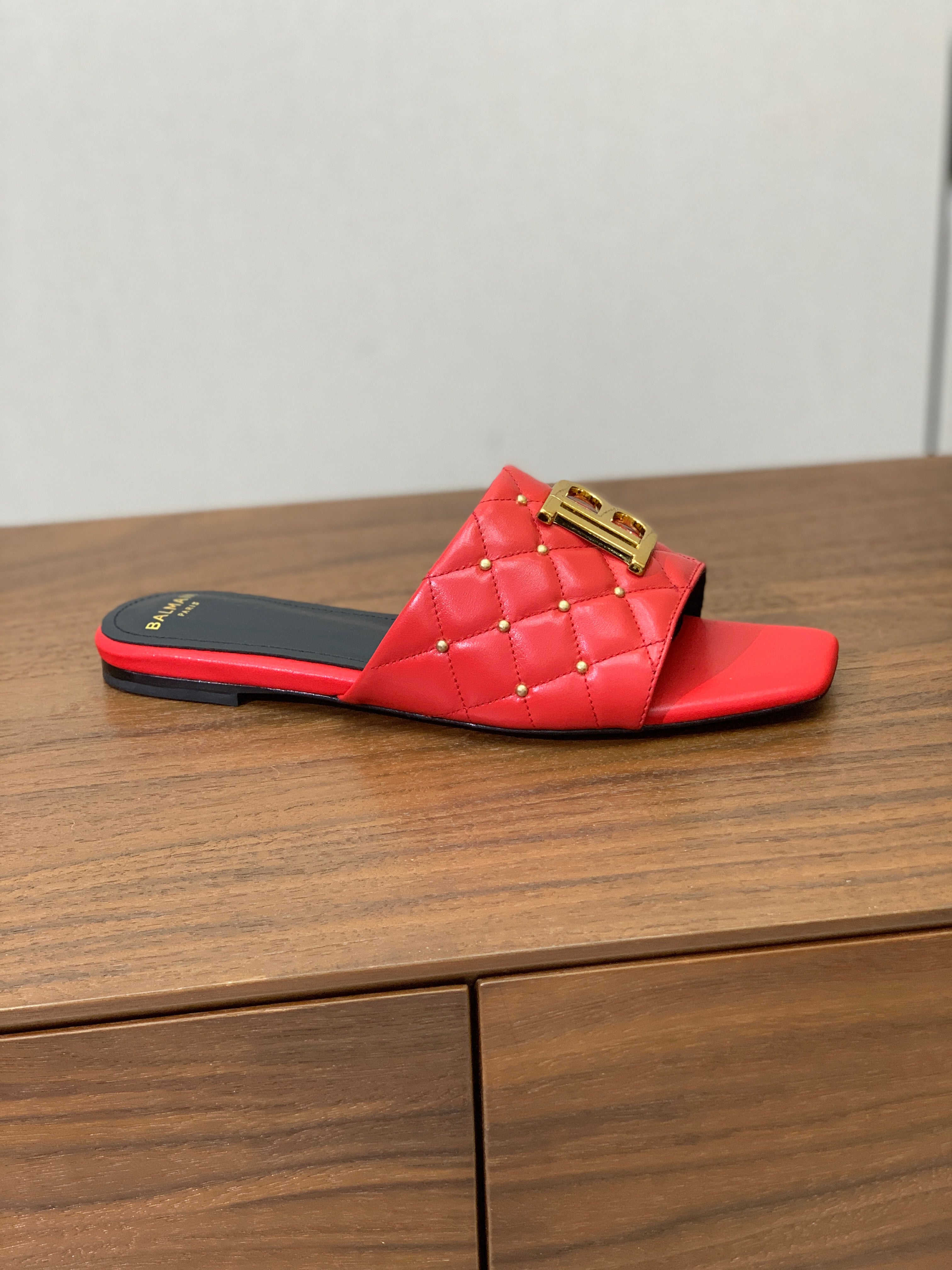 BALMAIN 26S QUILTED MULES IN RED CALFSKIN