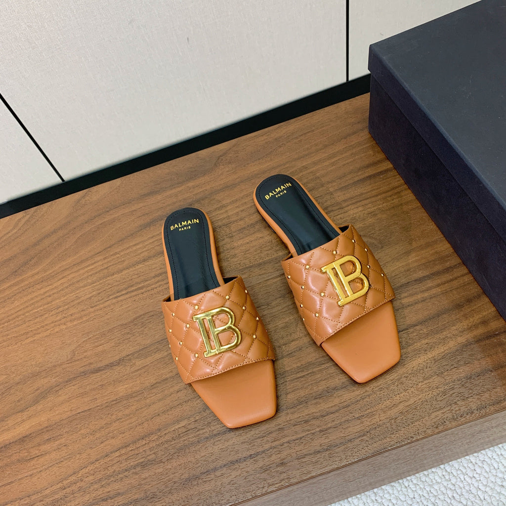 BALMAIN 26S QUILTED MULES IN LIGHT BROWN CALFSKIN