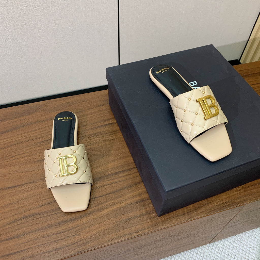 BALMAIN 26S QUILTED MULES IN BEIGE CALFSKIN