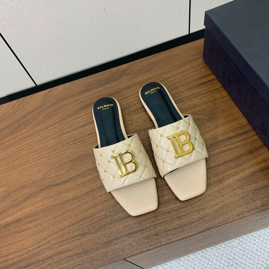 BALMAIN 26S QUILTED MULES IN BEIGE CALFSKIN