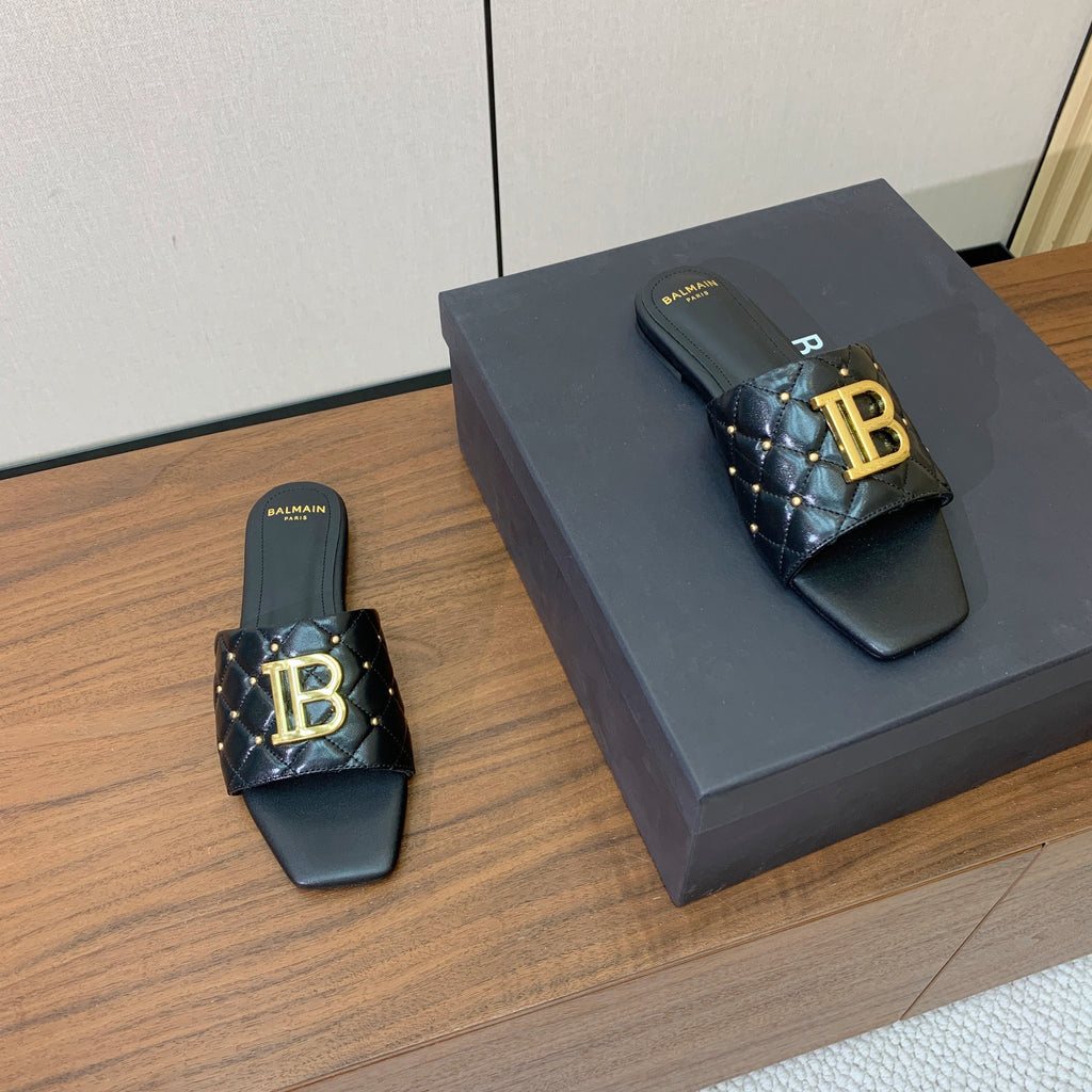 BALMAIN 26S QUILTED MULES IN BLACK CALFSKIN