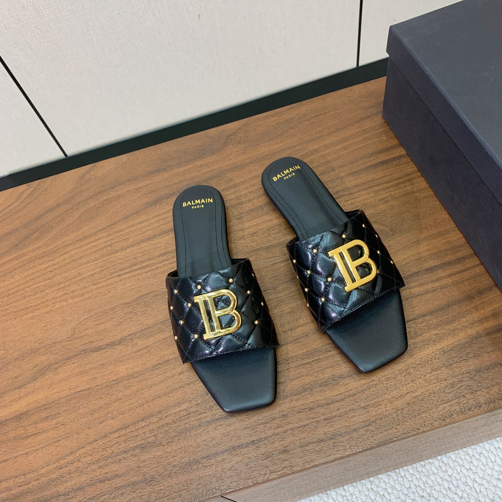 BALMAIN 26S QUILTED MULES IN BLACK CALFSKIN