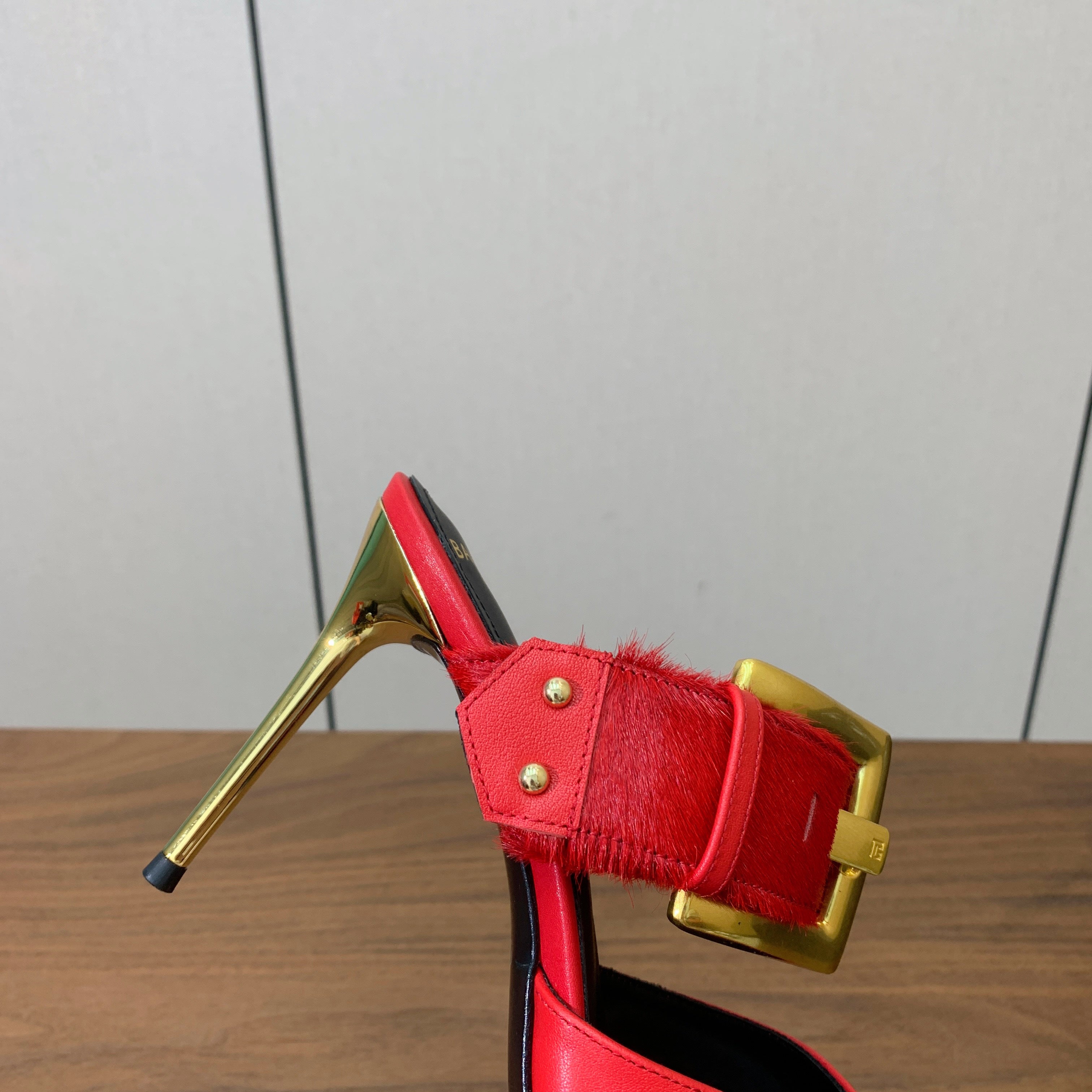 BALMAIN 26S HIGH-HEELED MULES 95 MM IN RED CALFSKIN AND PONY HAIR