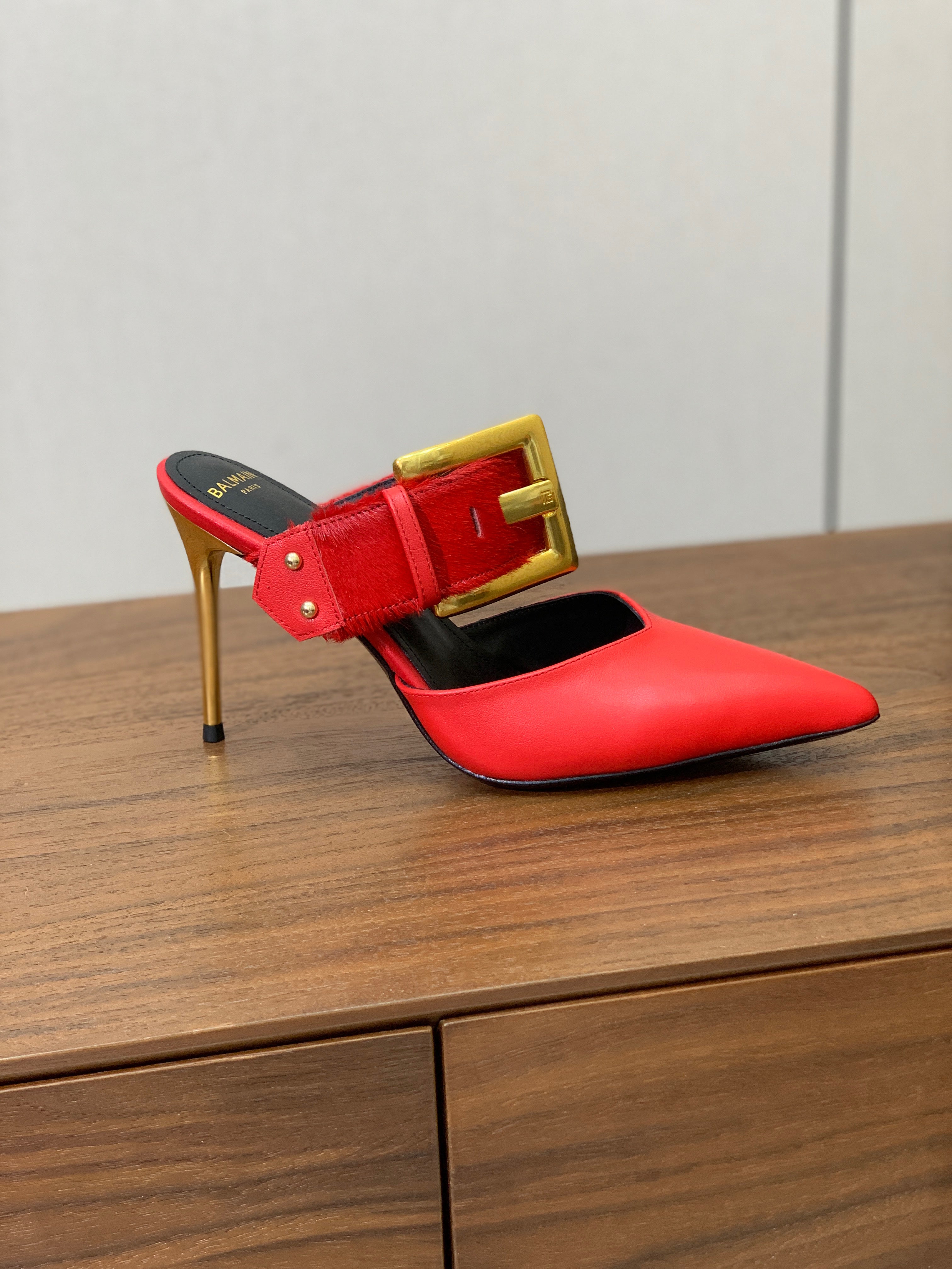 BALMAIN 26S HIGH-HEELED MULES 95 MM IN RED CALFSKIN AND PONY HAIR
