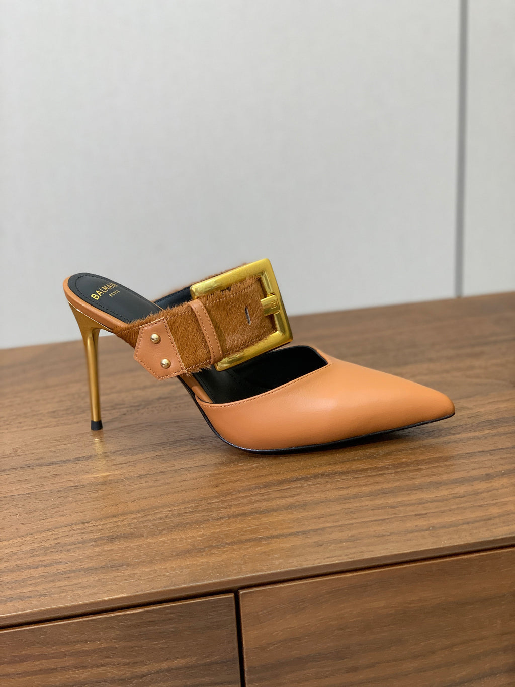 BALMAIN 26S HIGH-HEELED MULES 95 MM IN LIGHT BROWN CALFSKIN AND PONY HAIR