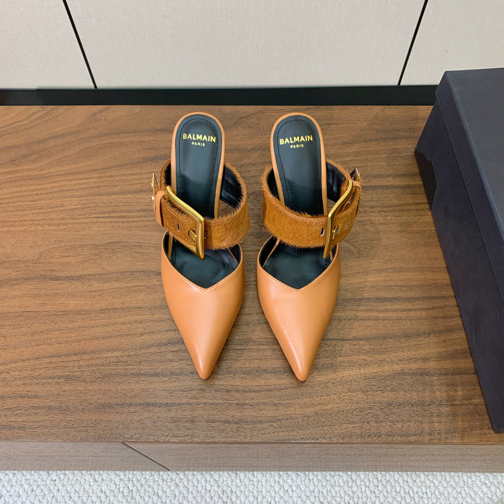 BALMAIN 26S HIGH-HEELED MULES 95 MM IN LIGHT BROWN CALFSKIN AND PONY HAIR
