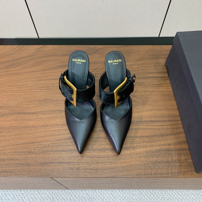 BALMAIN 26S HIGH-HEELED MULES 95 MM IN BLACK CALFSKIN AND PONY HAIR