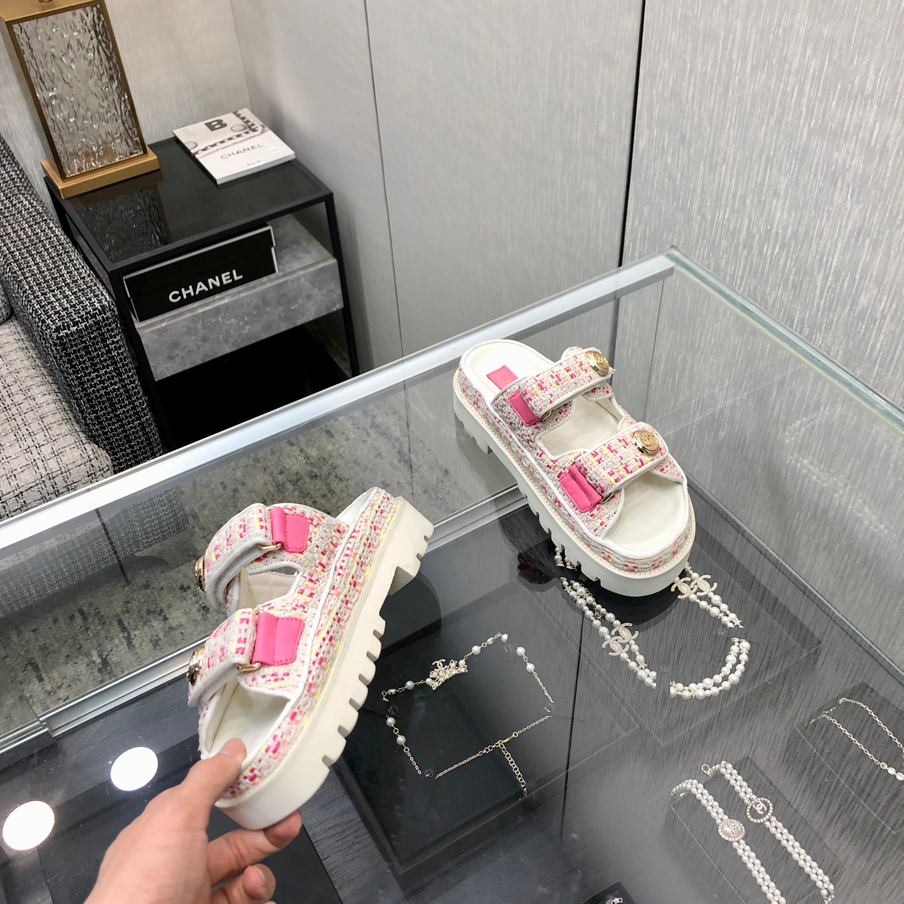 DAD SANDAL MULE IN WHITE MIX BRIGHT PINK TWEED FABRIC