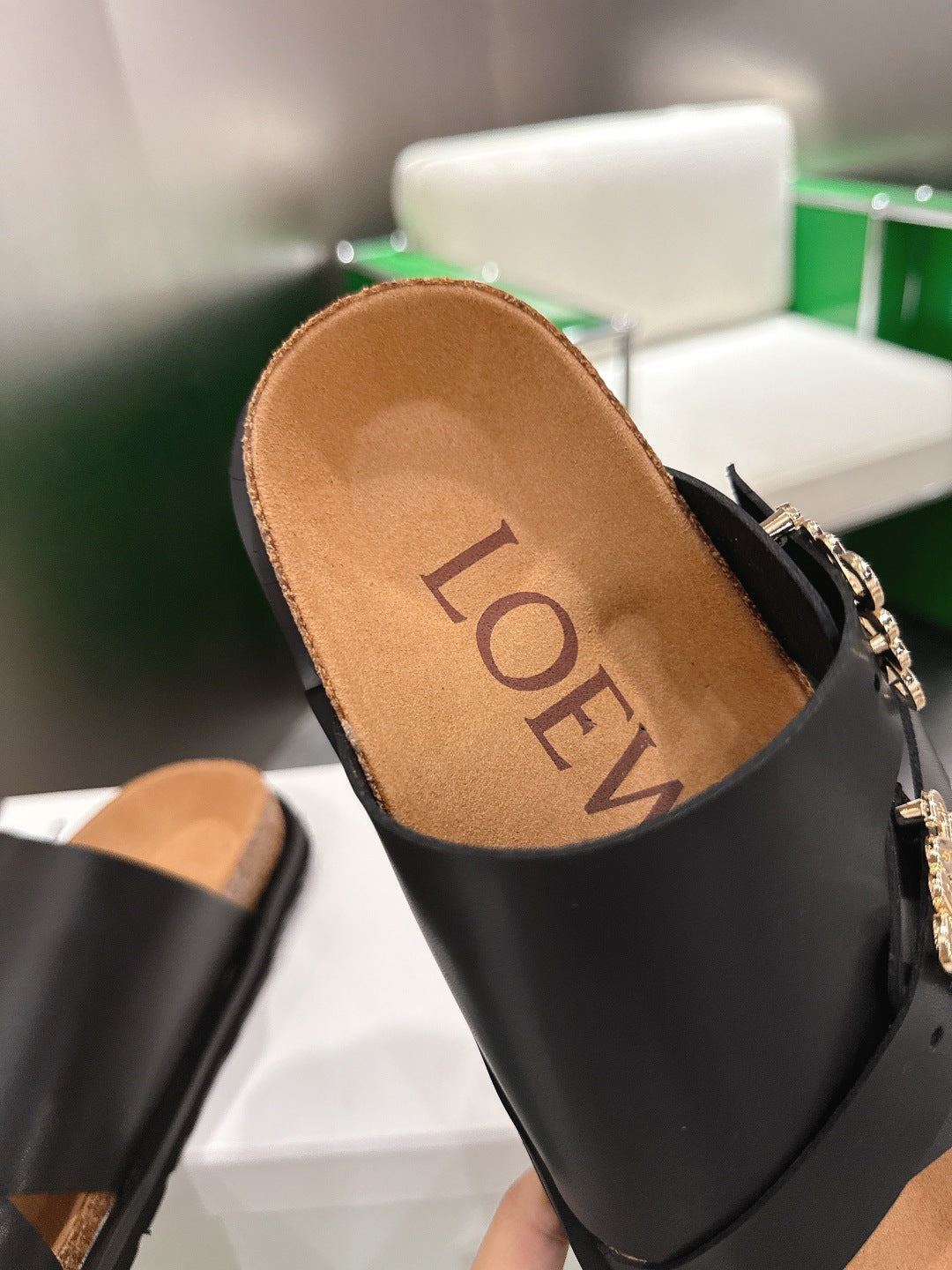 LOEWE 26S ANAGRAM FLAT SLIDES IN BLACK CALFSKIN