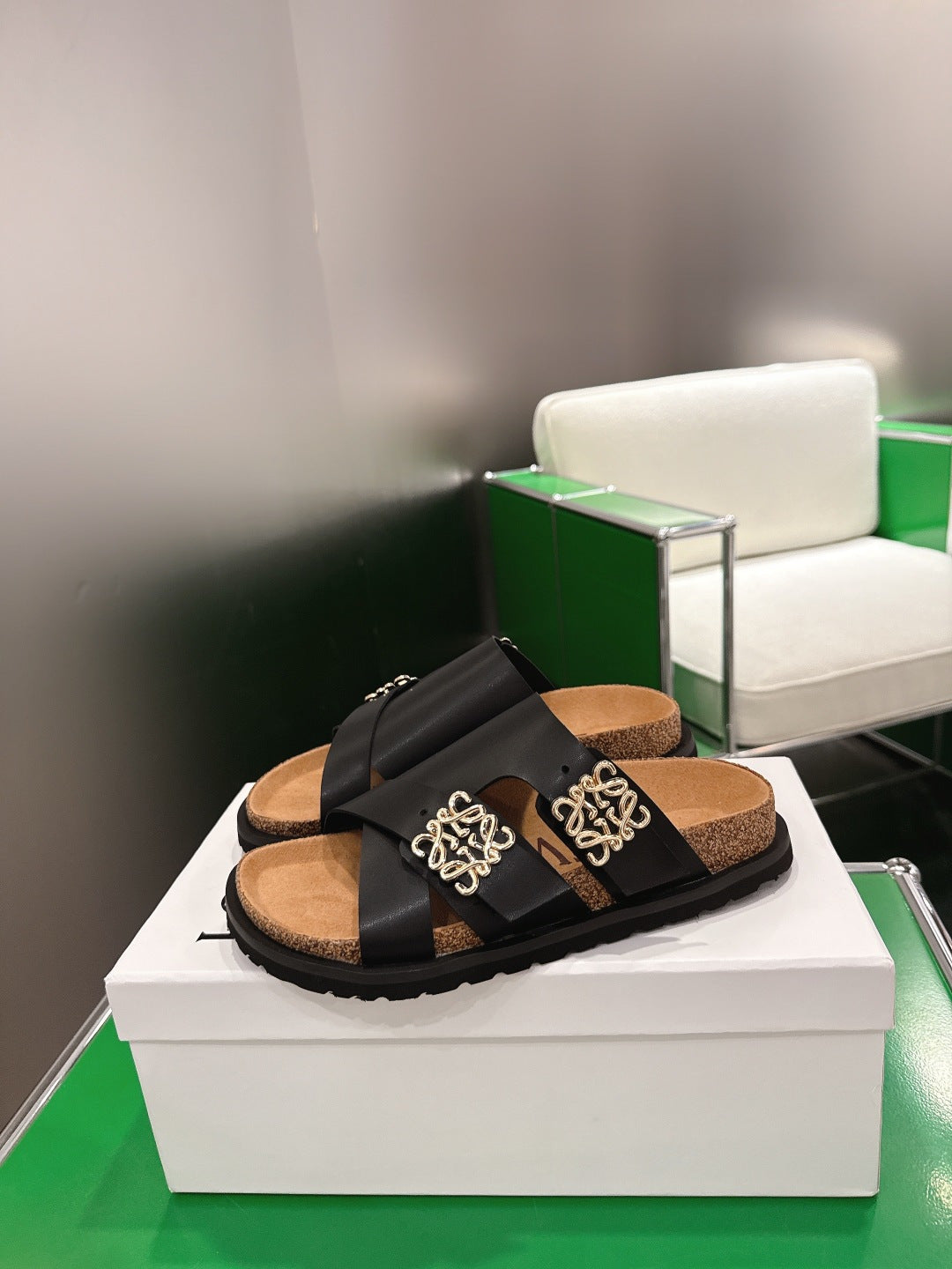LOEWE 26S ANAGRAM FLAT SLIDES IN BLACK CALFSKIN