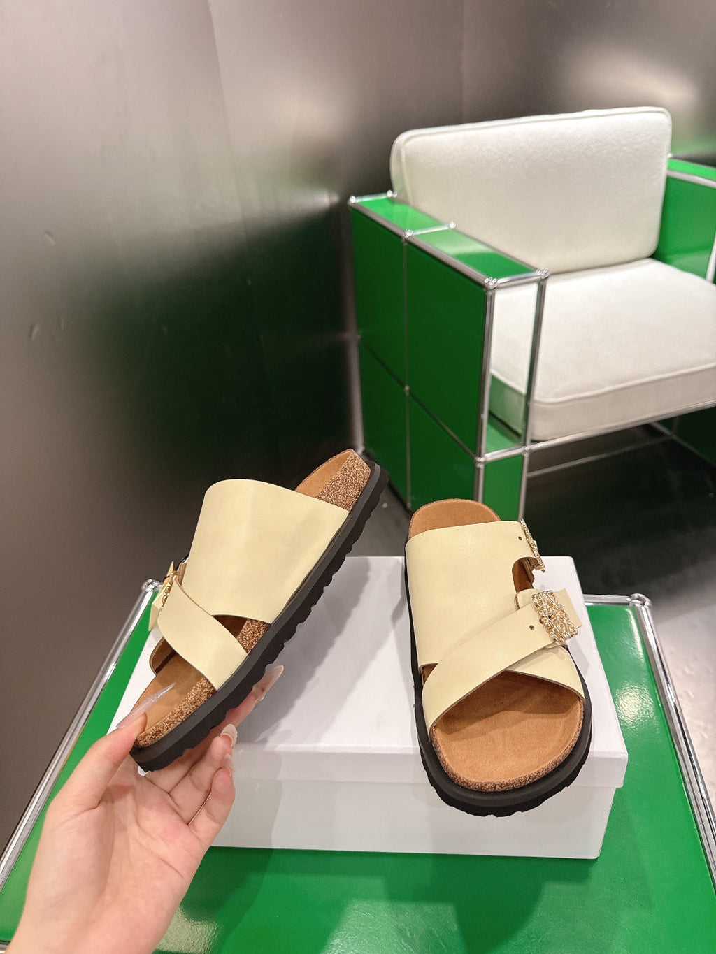 LOEWE 26S ANAGRAM FLAT SLIDES IN BEIGE CALFSKIN