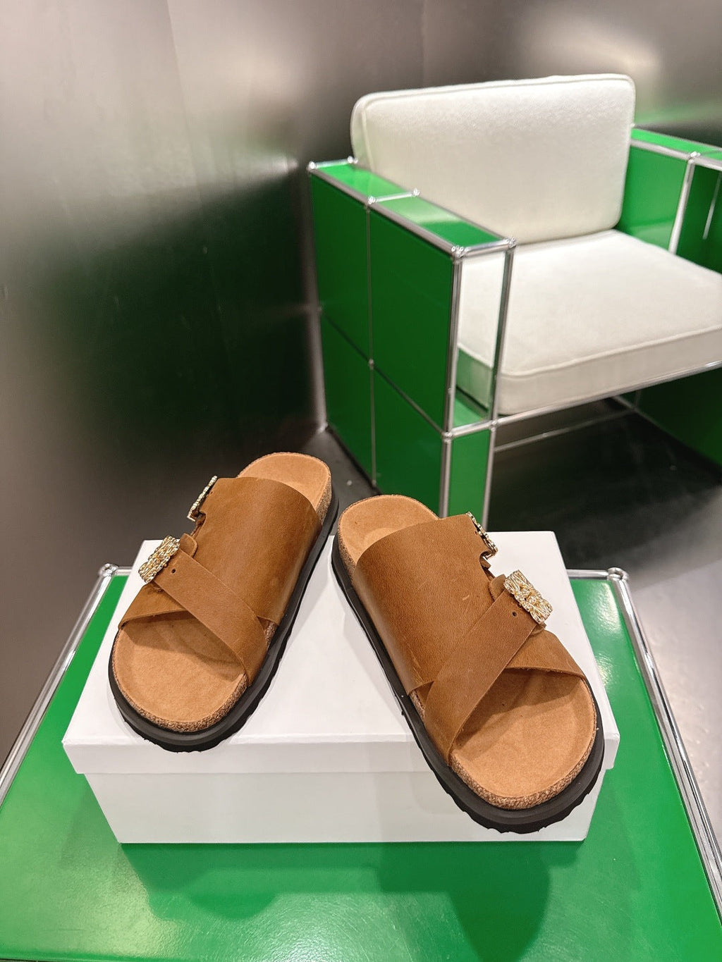 LOEWE 26S ANAGRAM FLAT SLIDES IN CARAMEL BROWN SUEDE