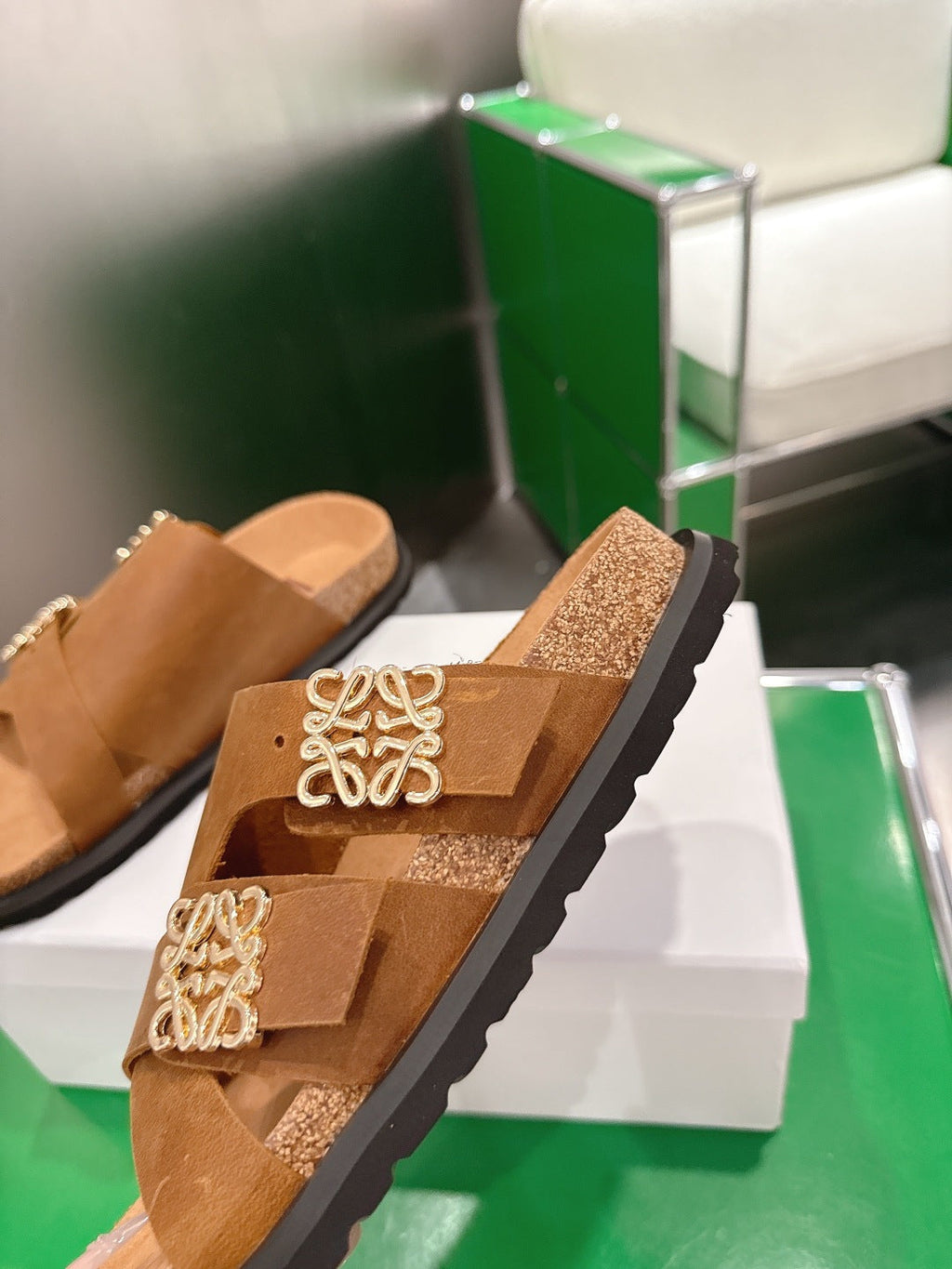 LOEWE 26S ANAGRAM FLAT SLIDES IN CARAMEL BROWN SUEDE