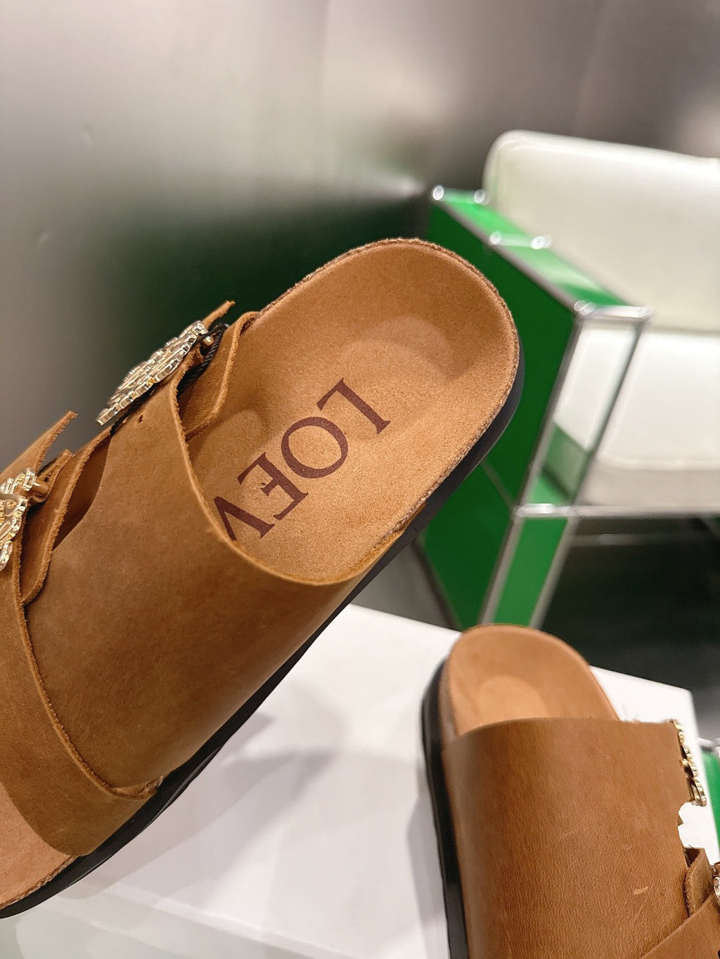LOEWE 26S ANAGRAM FLAT SLIDES IN CARAMEL BROWN SUEDE