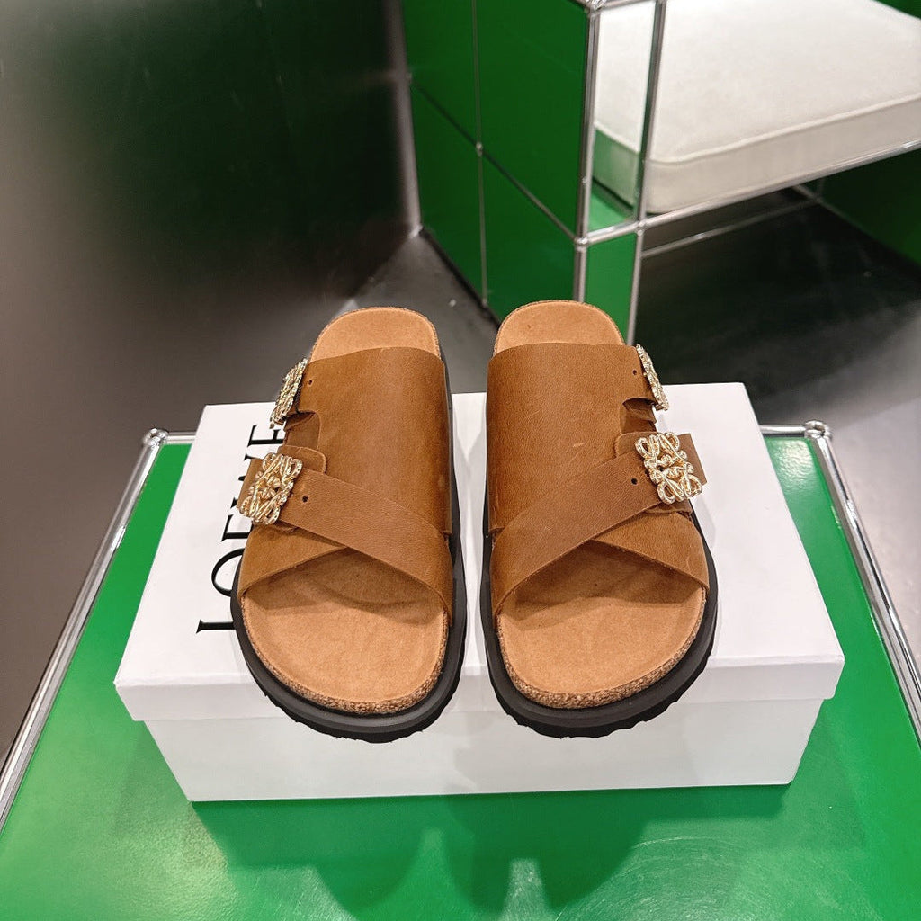 LOEWE 26S ANAGRAM FLAT SLIDES IN CARAMEL BROWN SUEDE