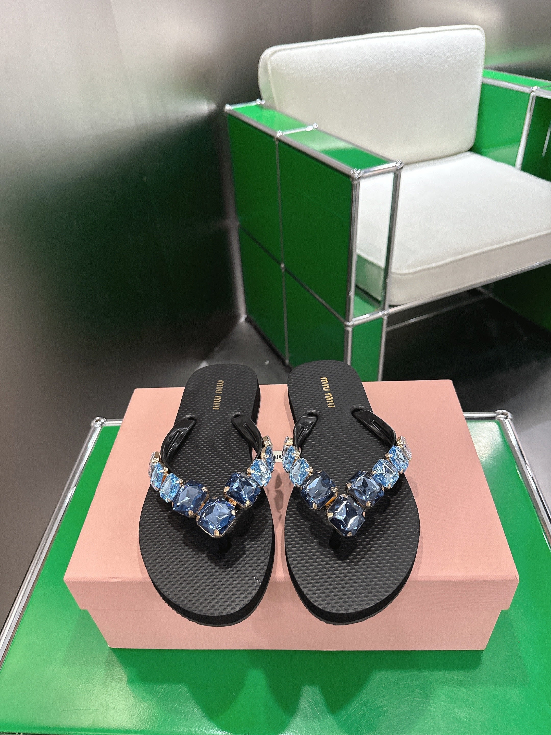 MIUMIU 26S THONG SANDALS IN BLACK EVA BLUE CRYSTAL-EMBELLISHED