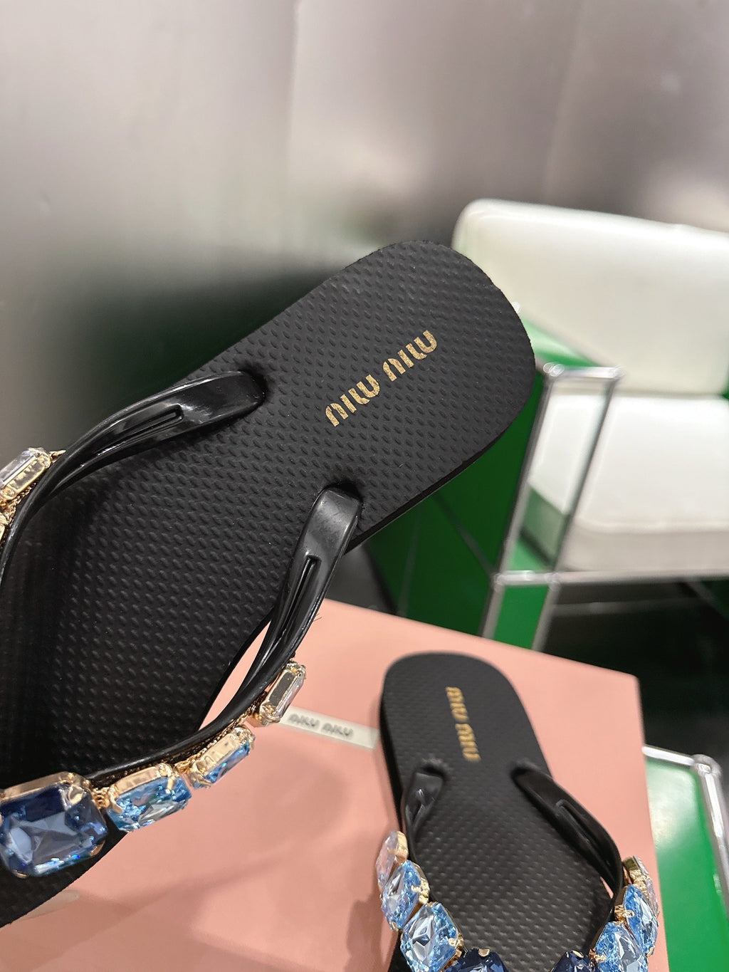 MIUMIU 26S THONG SANDALS IN BLACK EVA BLUE CRYSTAL-EMBELLISHED