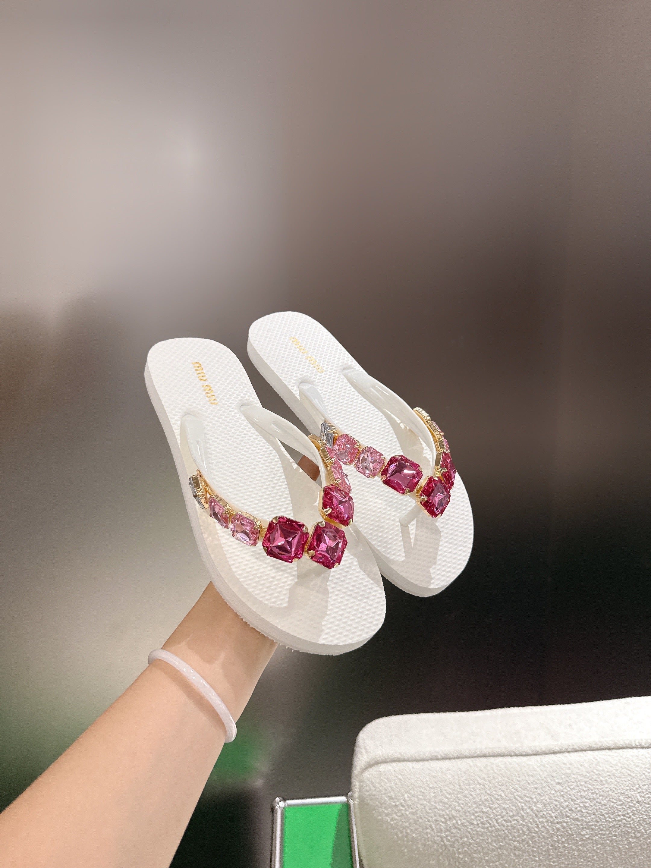 MIUMIU 26S THONG SANDALS IN WHITE EVA PINK CRYSTAL-EMBELLISHED