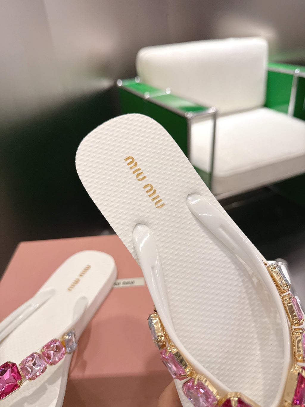 MIUMIU 26S THONG SANDALS IN WHITE EVA PINK CRYSTAL-EMBELLISHED