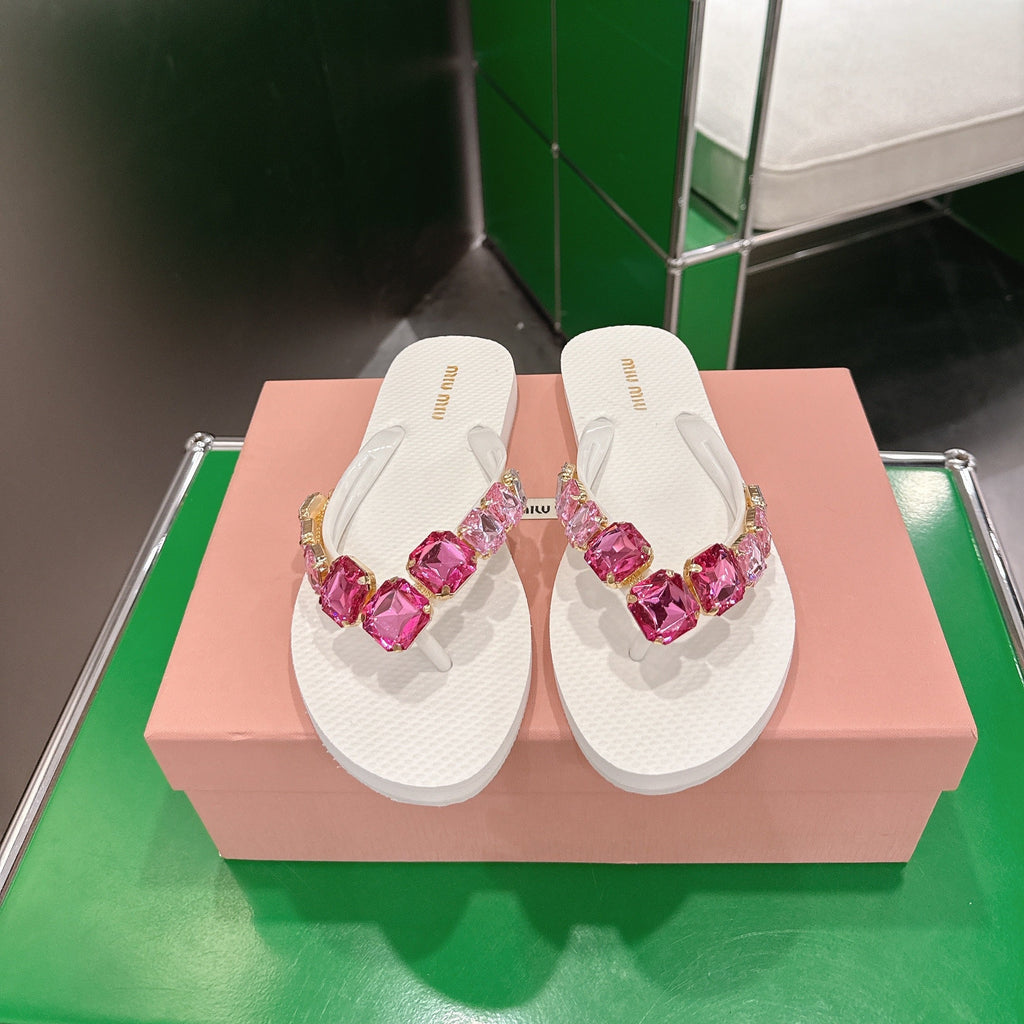 MIUMIU 26S THONG SANDALS IN WHITE EVA PINK CRYSTAL-EMBELLISHED