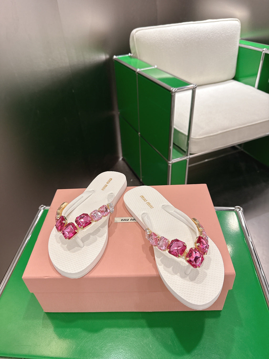 MIUMIU 26S THONG SANDALS IN WHITE EVA PINK CRYSTAL-EMBELLISHED