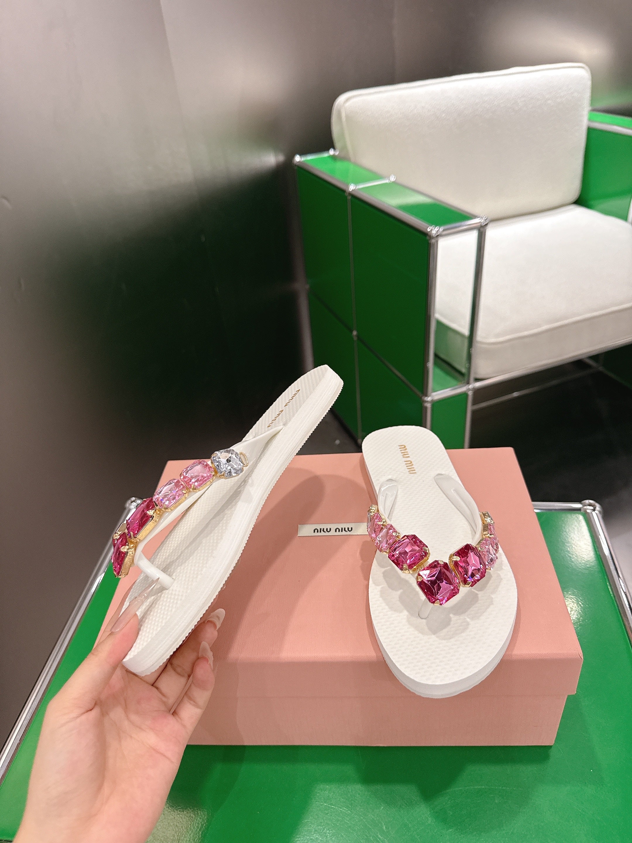 MIUMIU 26S THONG SANDALS IN WHITE EVA PINK CRYSTAL-EMBELLISHED