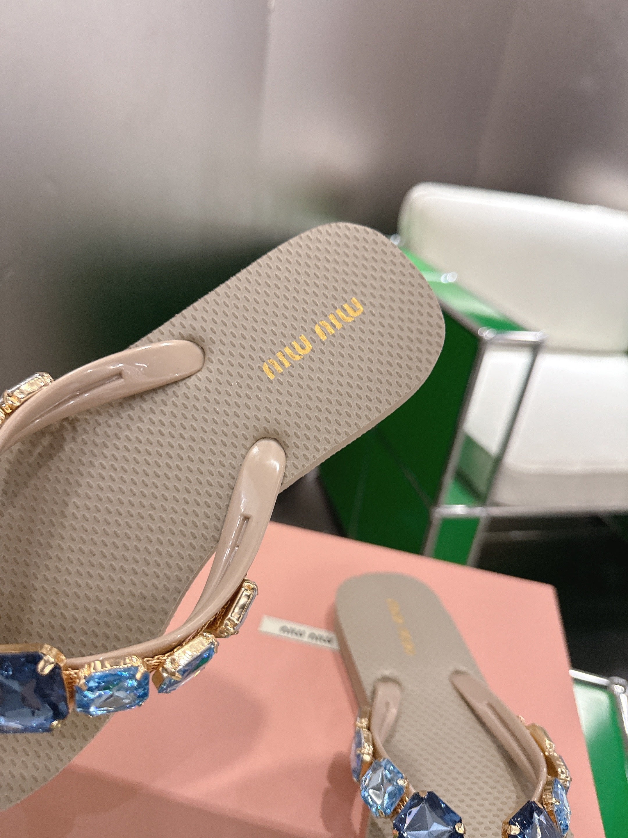 MIUMIU 26S THONG SANDALS IN BEIGE EVA CRYSTAL-EMBELLISHED