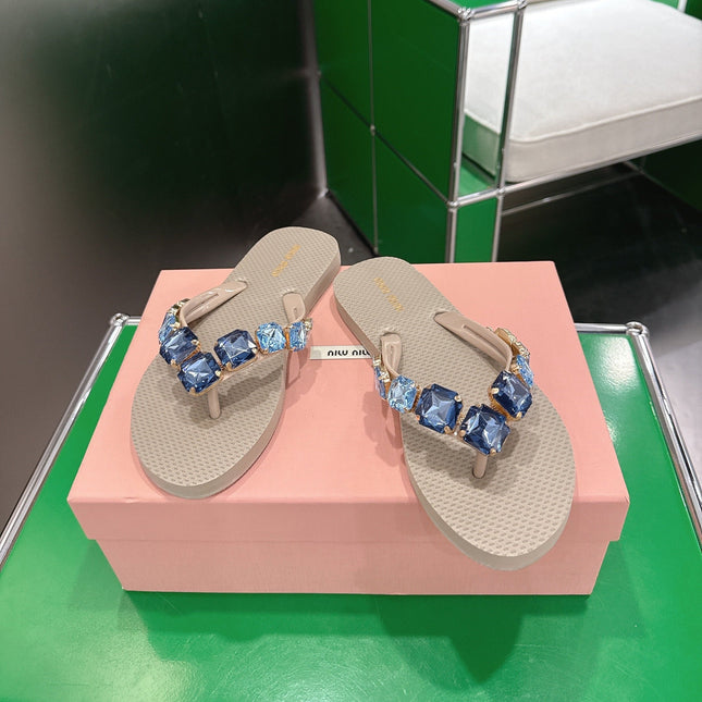 MIUMIU 26S THONG SANDALS IN BEIGE EVA CRYSTAL-EMBELLISHED
