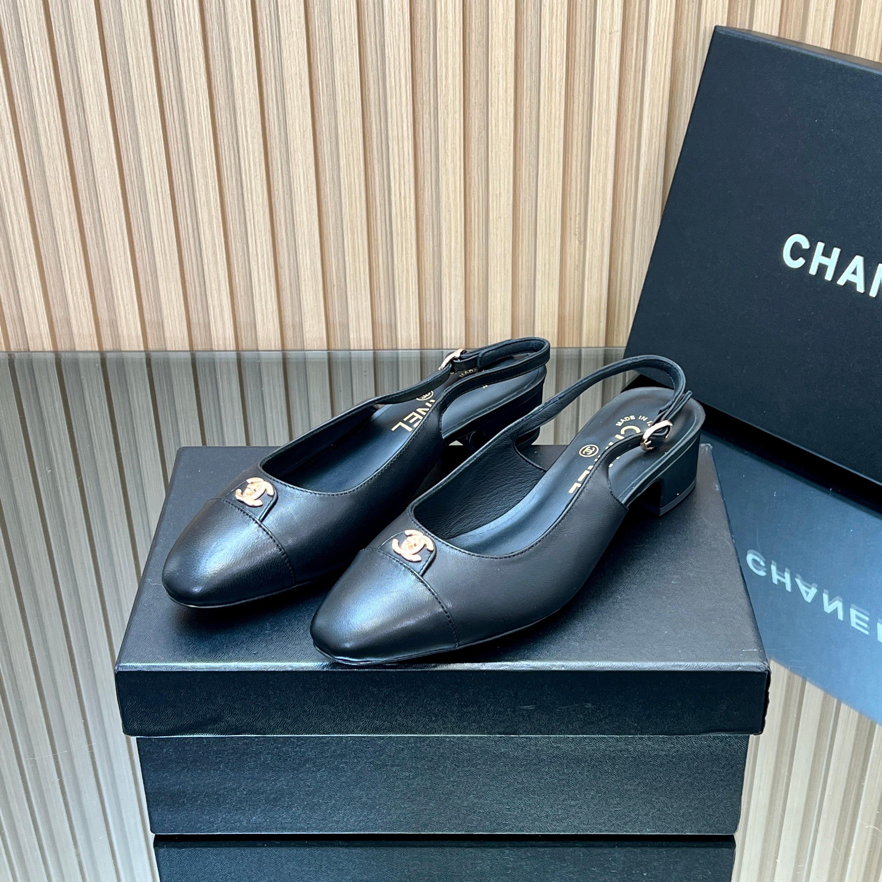 CHANEL 25S SLINGBACK SHOE 45MM IN BLACK CALFSKIN GOLD HARDWARE