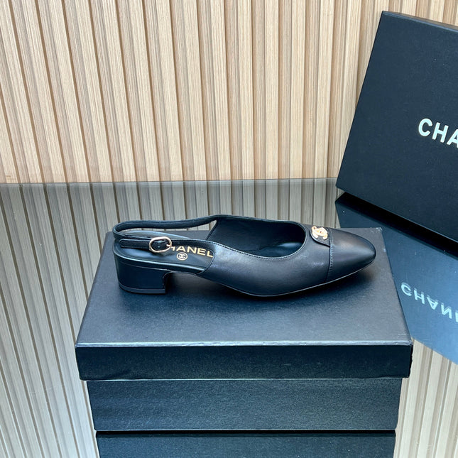 CHANEL 25S SLINGBACK SHOE 45MM IN BLACK CALFSKIN GOLD HARDWARE
