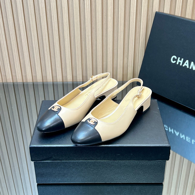 CHANEL 25S SLINGBACK SHOE 45MM IN BEIGE CALFSKIN GOLD HARDWARE