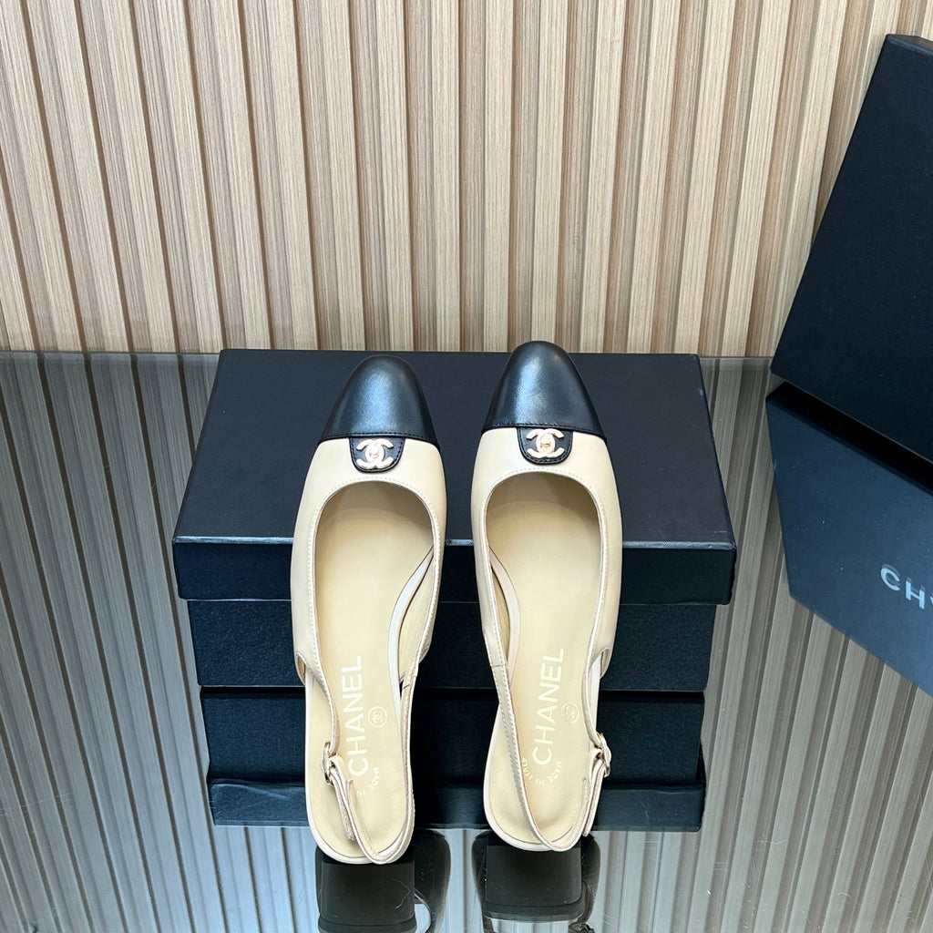 CHANEL 25S SLINGBACK SHOE 45MM IN BEIGE CALFSKIN GOLD HARDWARE