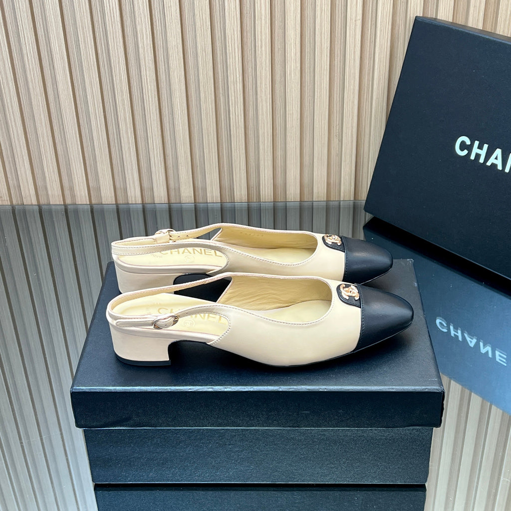 CHANEL 25S SLINGBACK SHOE 45MM IN BEIGE CALFSKIN GOLD HARDWARE