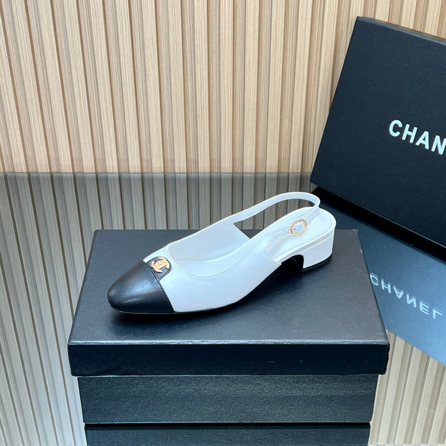 CHANEL 25S SLINGBACK SHOE 45MM IN WHITE CALFSKIN GOLD HARDWARE