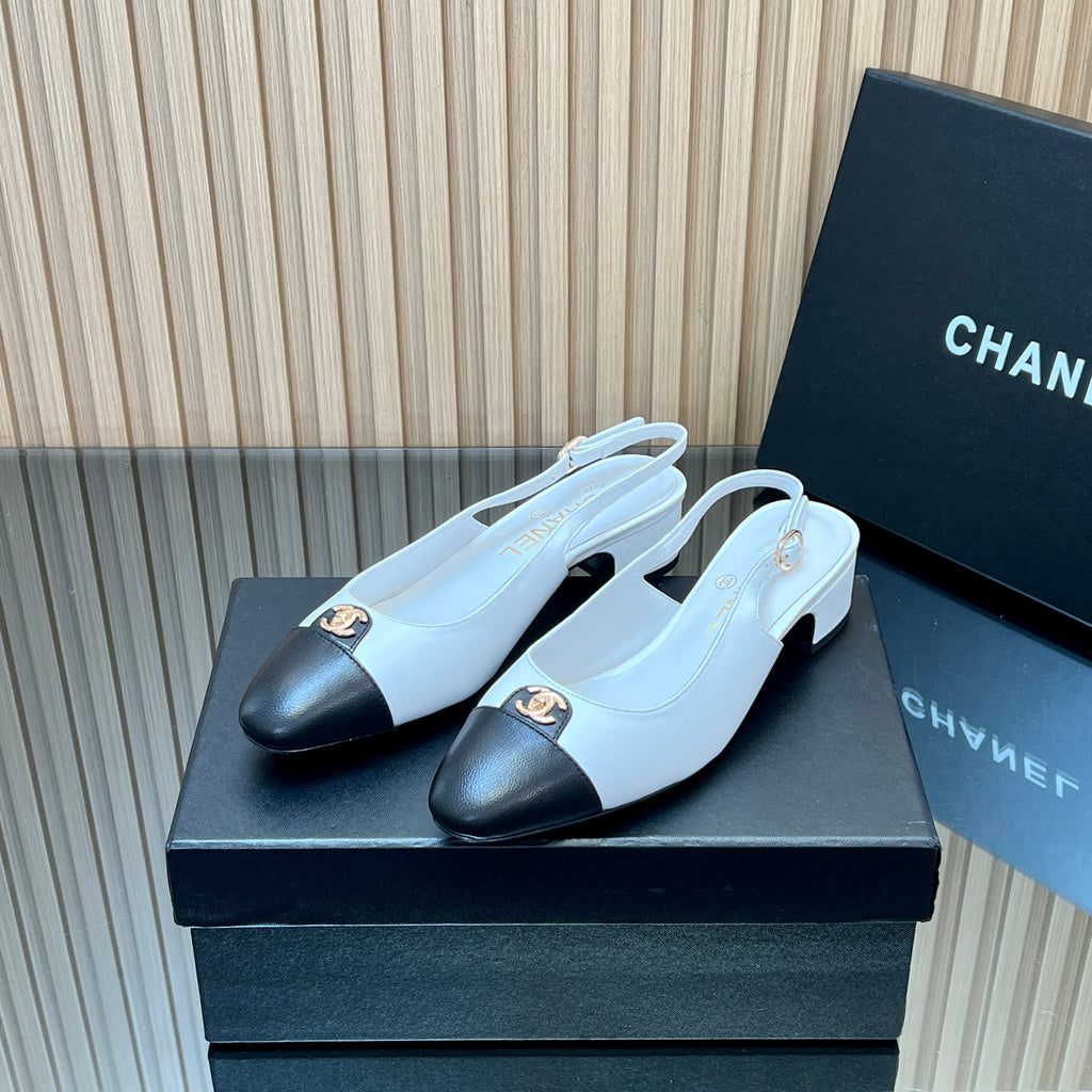 CHANEL 25S SLINGBACK SHOE 45MM IN WHITE CALFSKIN GOLD HARDWARE