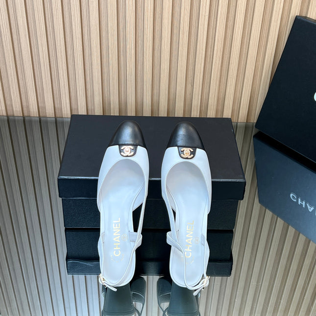 CHANEL 25S SLINGBACK SHOE LOGO 65MM IN WHITE CALFSKIN GOLD HARDWARE