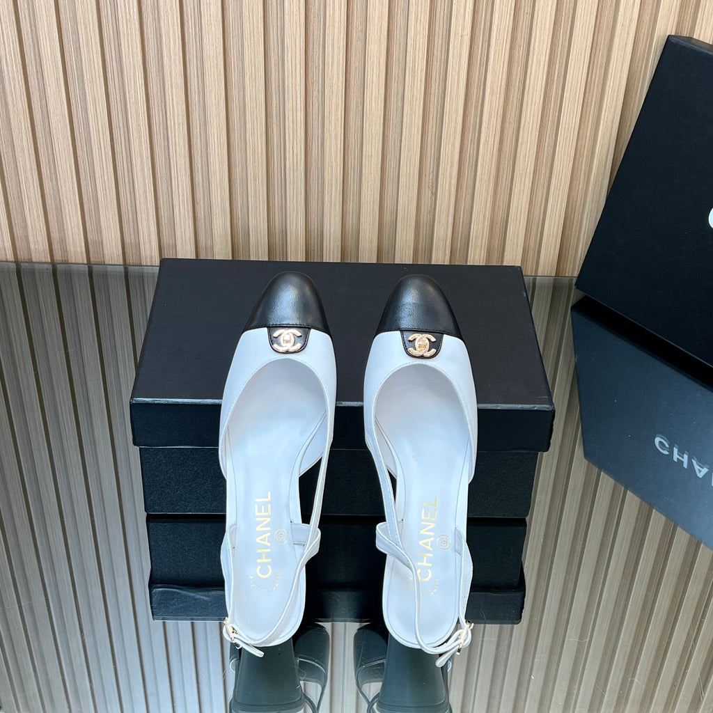 CHANEL 25S SLINGBACK SHOE 45MM IN WHITE CALFSKIN GOLD HARDWARE