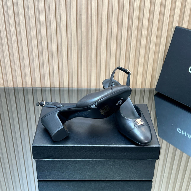CHANEL 25S SLINGBACK SHOE LOGO 65MM IN BLACK CALFSKIN GOLD HARDWARE