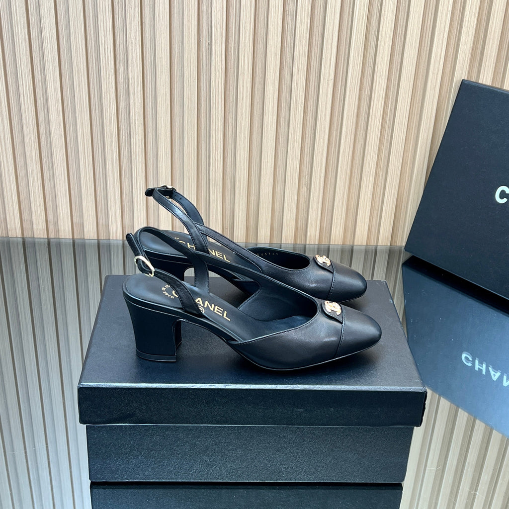 CHANEL 25S SLINGBACK SHOE LOGO 65MM IN BLACK CALFSKIN GOLD HARDWARE