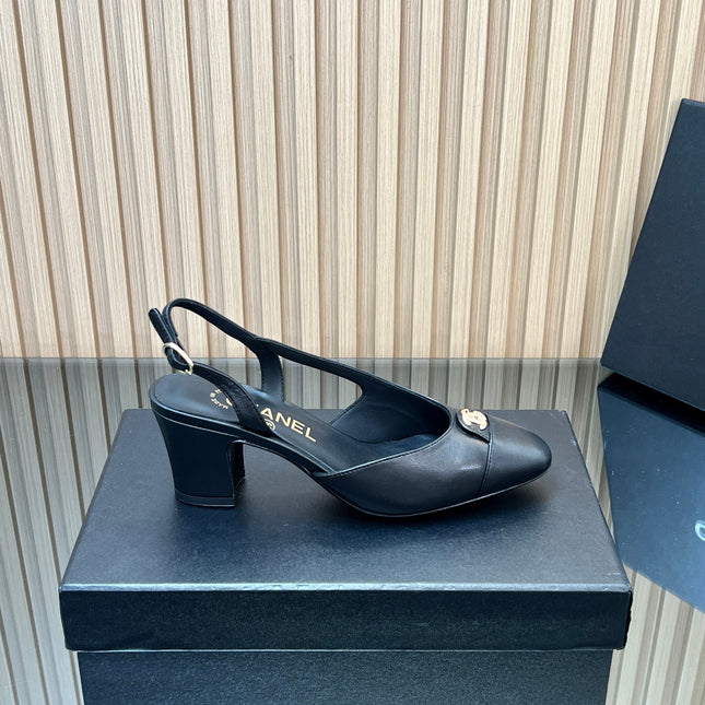 CHANEL 25S SLINGBACK SHOE LOGO 65MM IN BLACK CALFSKIN GOLD HARDWARE