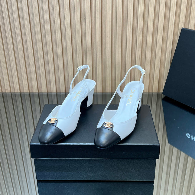 CHANEL 25S SLINGBACK SHOE LOGO 65MM IN WHITE CALFSKIN GOLD HARDWARE