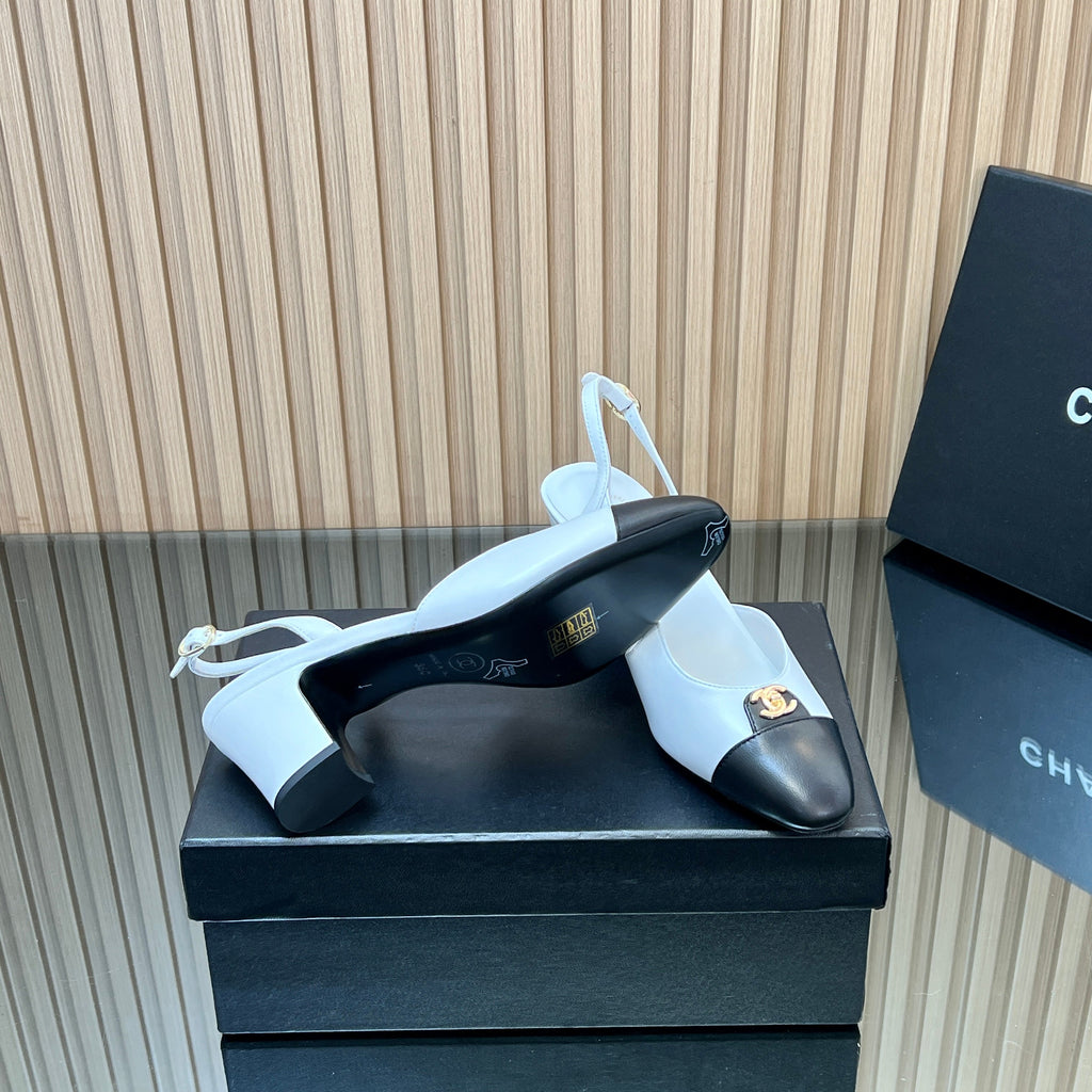 CHANEL 25S SLINGBACK SHOE LOGO 65MM IN WHITE CALFSKIN GOLD HARDWARE