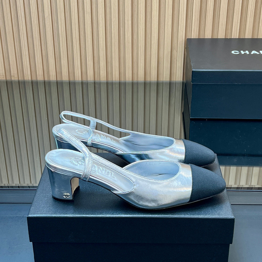 CHANEL 25S SLINGBACK SHOES IN SILVER AND BLACK CALFSKIN