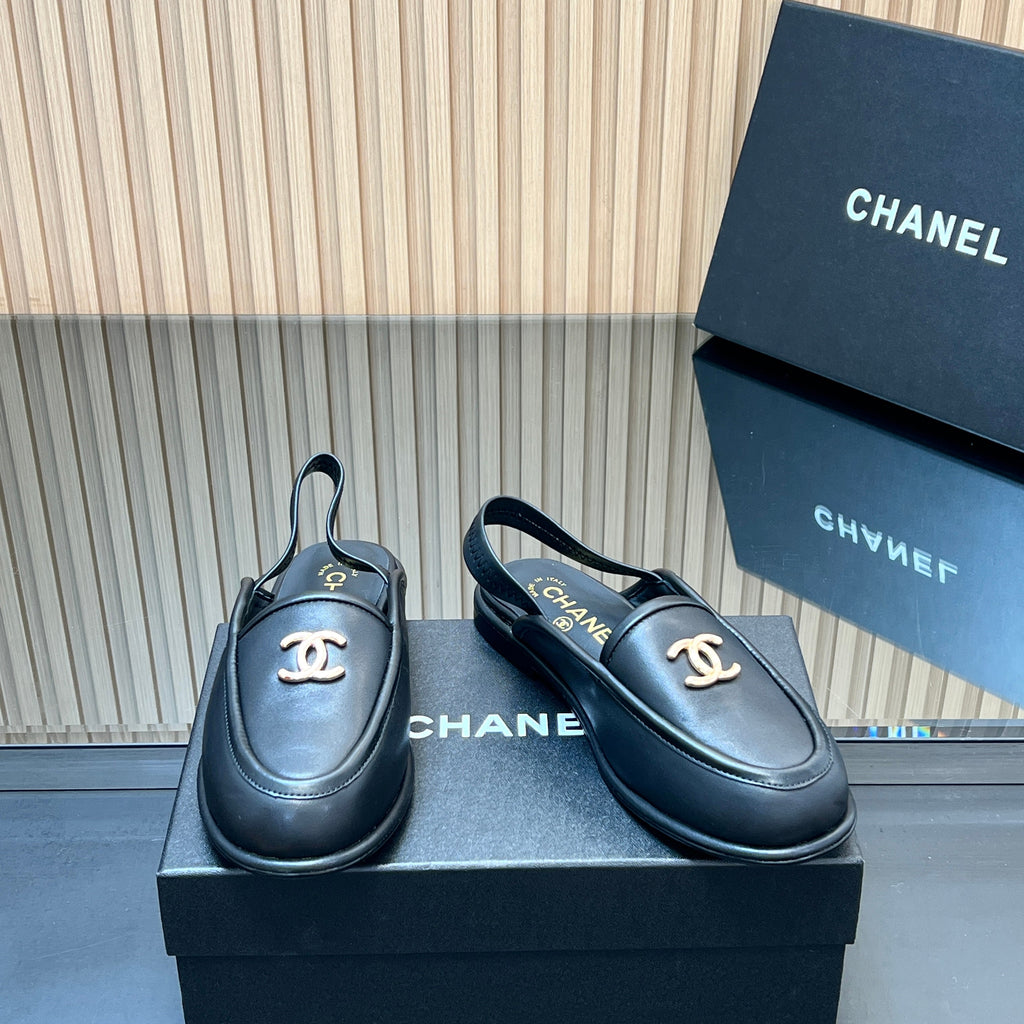 CHANEL 25S BACK STRAP MULE 15MM IN BLACK CALFSKIN GOLD HARDWARE