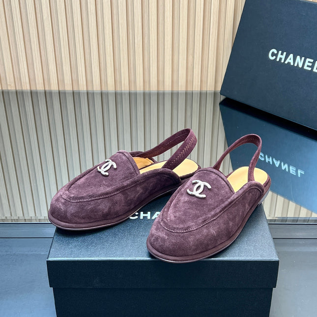 CHANEL 25S BACK STRAP MULE 15MM IN DARK PURPLE SUEDE SILVER HARDWARE