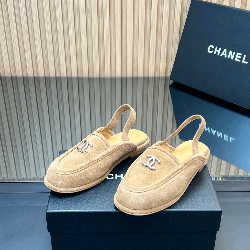 CHANEL 25S BACK STRAP MULE 15MM IN LIGHT BROWN SUEDE SILVER HARDWARE