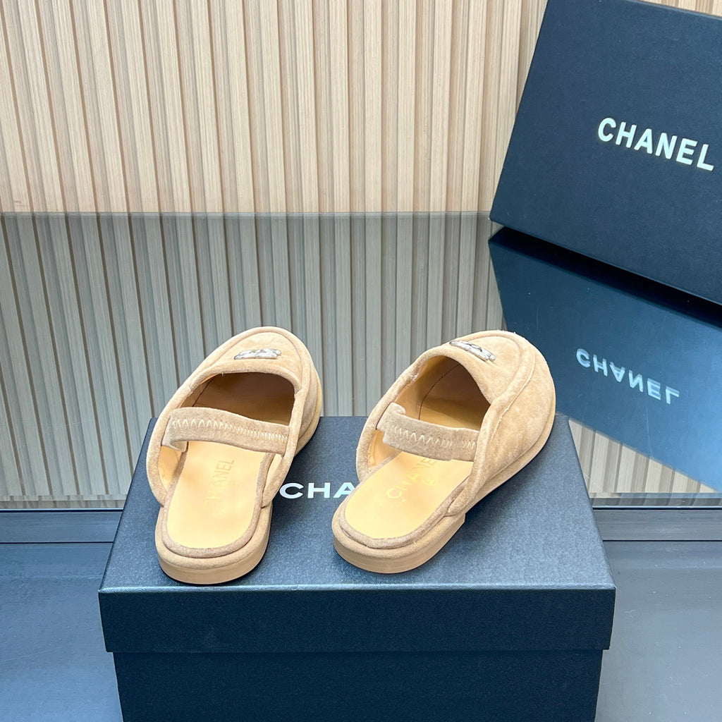 CHANEL 25S BACK STRAP MULE 15MM IN LIGHT BROWN SUEDE SILVER HARDWARE
